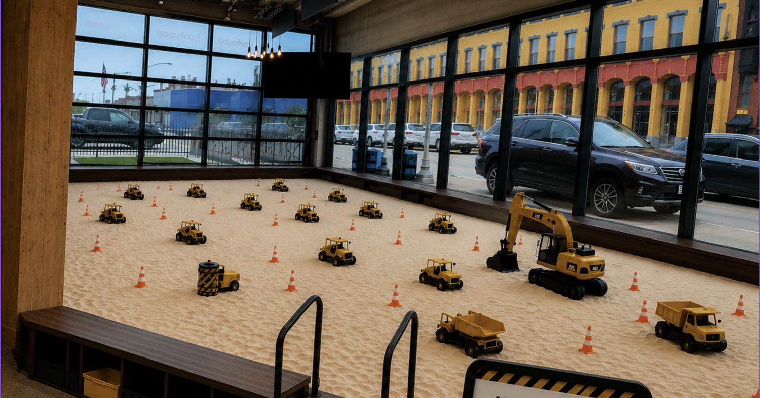 The main sandbox at Tiny Trades — toy excavators, dump trucks and cones across a wide indoor sand floor, with tall windows onto downtown Muncie