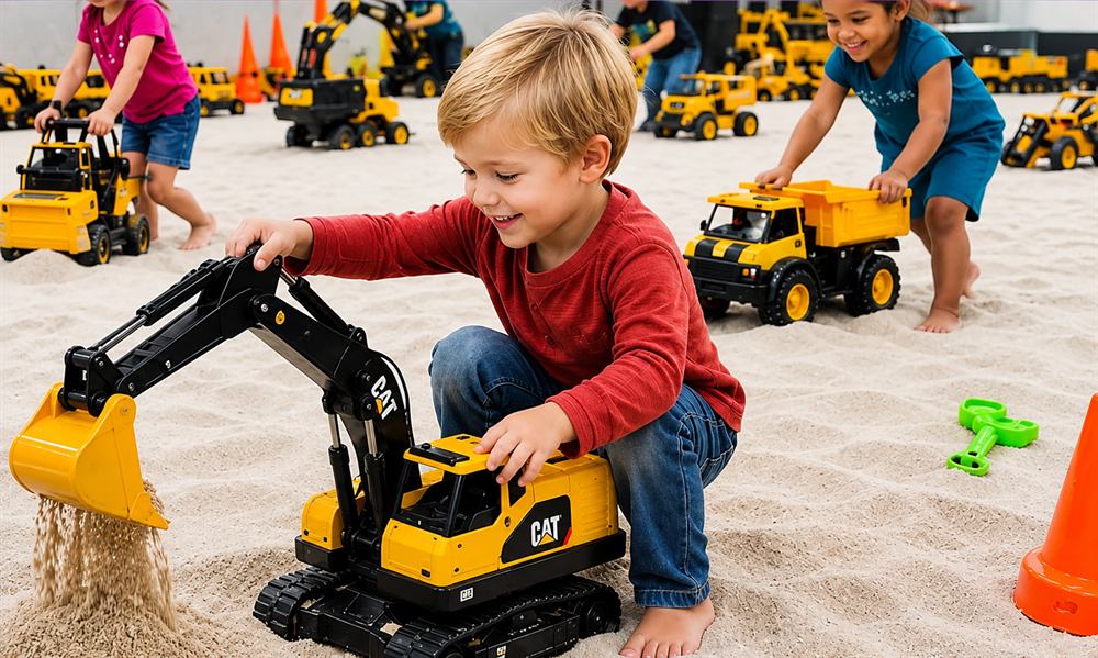 A child kneeling in the sand pushing a toy excavator